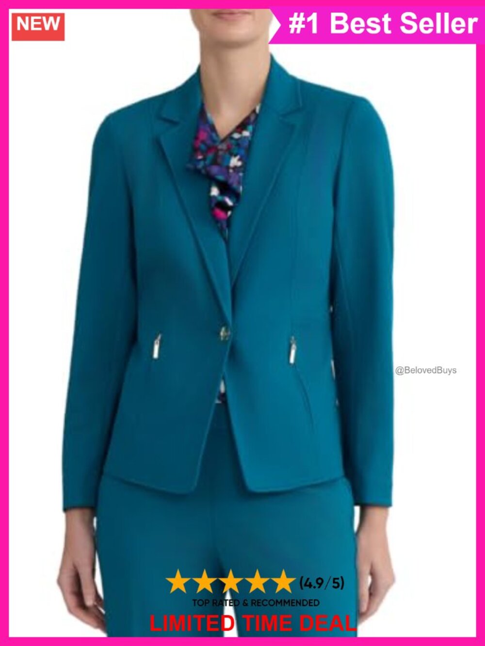 One Button Zipper-Pocket Blazer Lantern Sleeve Plaid Business Casual